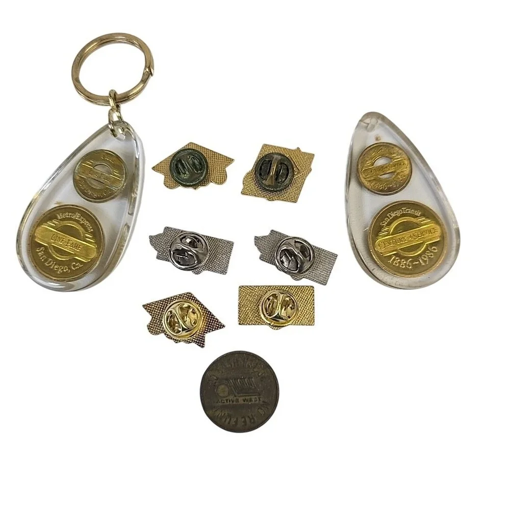 MTS San Diego Transit Pins Bundle of 9 1998-2001‎ Service Awards Token Key Fobs